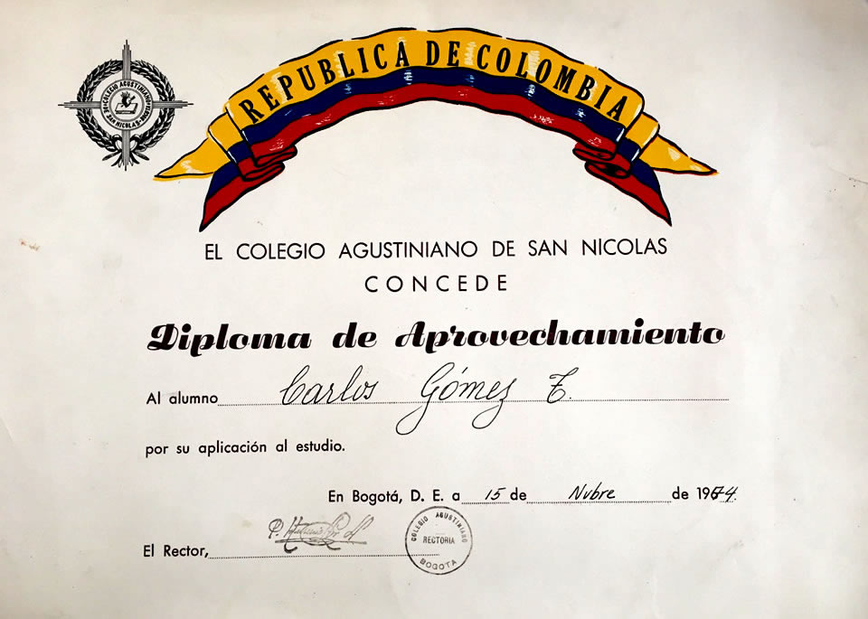 Diploma de aprovechamiento - Carlos Jairo Gomez T. 1974