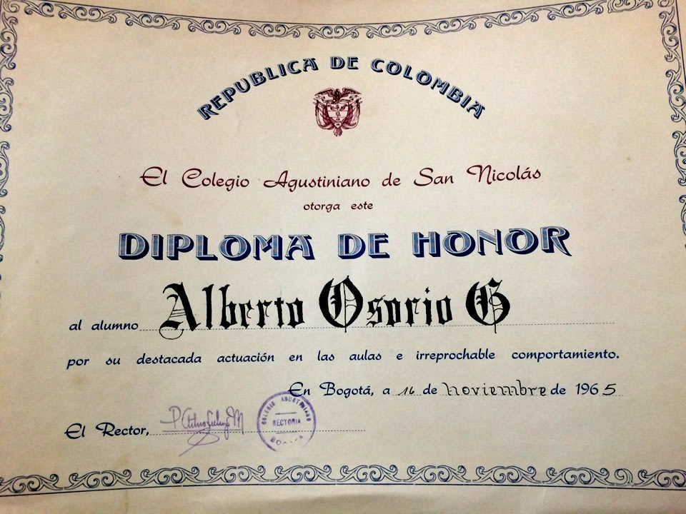 Diploma de Honor - Carlos Alberto Osorio G. 1965