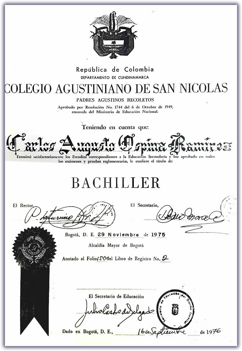 Diploma de grado de Carlos Ospina